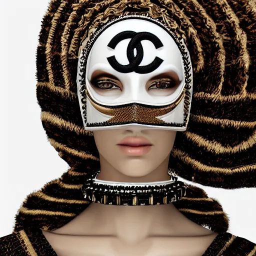 Image similar to portrait of masked dune dynasty with chanel clothes, white background, chanel logo, 8 k, symmetrical, 3 d render, octane render, insane details