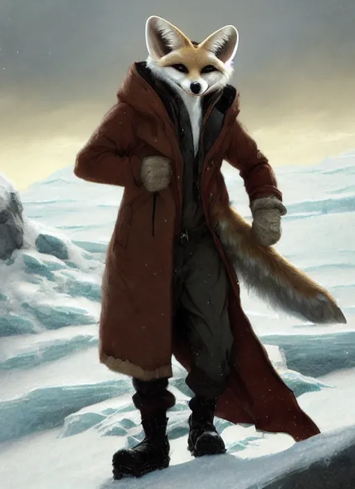 Prompt: an anthropomorphic fennec fox man wearing a long coat walking across a glacier, hands in pockets, blizzard, character illustration by Aaron Miller, Greg Rutkowski, thomas kinkade, Howard Pyle, disney, El Greco, Cynthia Sheppard