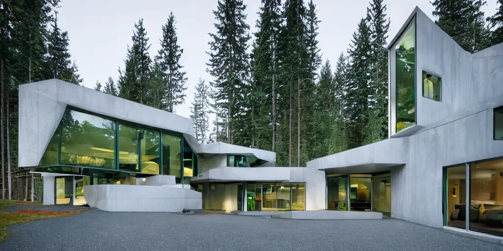 Prompt: futuristic Washington state residence, white concrete, green metal, large windows, intricate, right angles, triangular elements