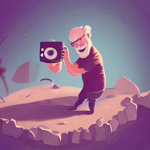 Image similar to cute cartoon character, curled perspective, digital art, baby girl, smiling beard grandpa taking photo, old photo camera, anton fadeev