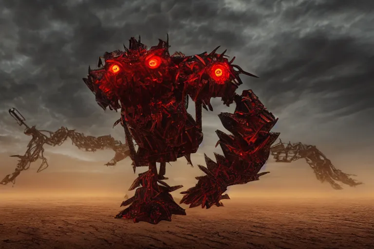 Prompt: a gigantic angry monster made of scrap metal with red eyes, standing in the desert, looking at camera, realism, photo realistic, high quality, misty, hazy, ambient lighting, cinematic lighting, studio quality,