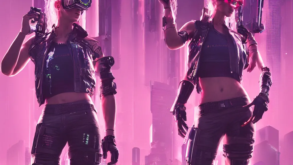 Prompt: A female cyberpunk character concept art from Cyberpunk 2077, pink Mohawk, futuristic virtual reality goggles, 1980s vest, torn shorts, by Stanley Artgerm Lau, WLOP, Rossdraws, James Jean, Andrei Riabovitchev, Marc Simonetti, and Sakimichan, trending on artstation