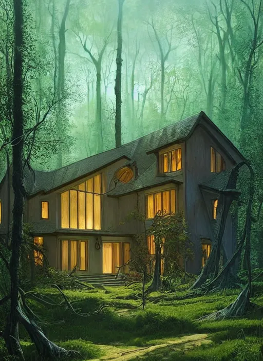 Image similar to hyper realistic witchy modern house with mood lighting and tech in the woods gorgeous lighting, sunbeams blue sky, highly detailed, lush forest foliage painting by zdzisław beksinski and norman rockwell and greg rutkowski weta studio, and lucasfilm