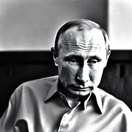 Image similar to a very sad and old wrinkled vladimir putin ( ( in prison clothes sitting on prison bench in prison ) ). detailed professional 3 5 mm black and white photo by don mccullin and anders petersen world press photo award