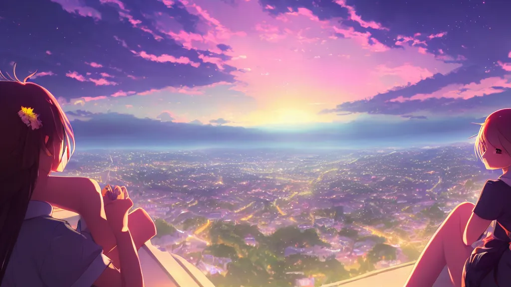 Image similar to a schoolgirl was looking at the city in the distance on the hillside, beautiful and spectacular dusk, sky was half illuminated by the setting sun and half was the beautiful milky way, rich vivid colors, ambient lighting, dynamic lighting, official media, anime key visual, rossdraws, detailed, trending on artstation.