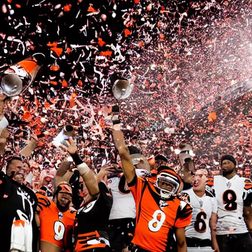 Image similar to the Cincinnati Bengals win the Lombardi trophy, confetti, 8k sports photography