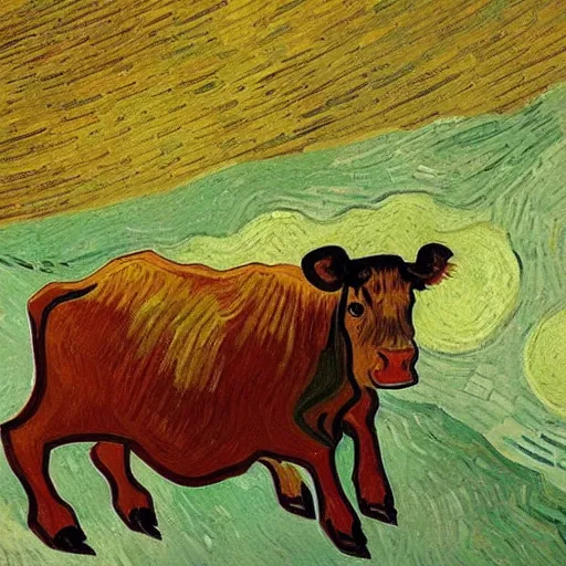 Prompt: a brown cow falling down an endless flight of stairs, van gogh painting