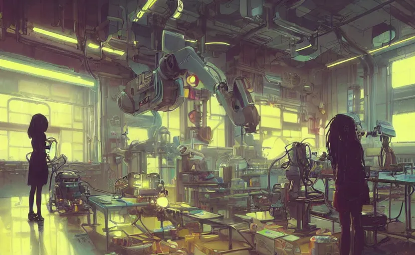 Prompt: robot repair shop, girl working on a robot, neons, indoor, concept art by greg rutkowski and james gurney, anime style ghibli