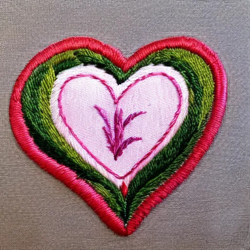 Prompt: beautiful satin stitch hand embroidery of a heart with flowers