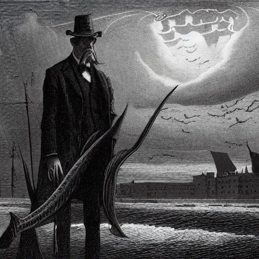 Image similar to Innsmouth, Shadow over Innsmouth, fish in a tuxedo, H.P. Lovecraft, dark clouds, dark, eerie, dystopian, city, eldritch, illustration by Gustave Doré