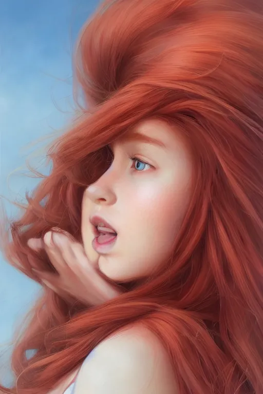 Image similar to ultra realistic style illustration of a beautiful cute red haired joyful teen girl, long hair, 1 9 year old, portrait, sci - fi, fantasy, intricate, elegant, digital painting, artstation, concept art, smooth, sharp focus, illustration, 8 k frostbite 3 engine, ultra detailed, art by artgerm and greg rutkowski and magali villeneuve