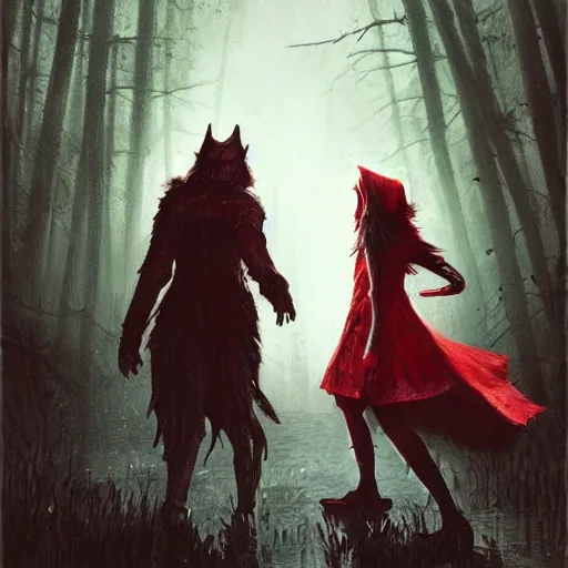 Image similar to Little red riding hood fights a werewolf in the swamp, fireflies, eclipse, raining, detailed intricate ink illustration, dark atmosphere, detailed illustration, hd, 4k, digital art, overdetailed art, concept art, by greg rutkowski, by loish, complementing colors, Trending on artstation, deviantart