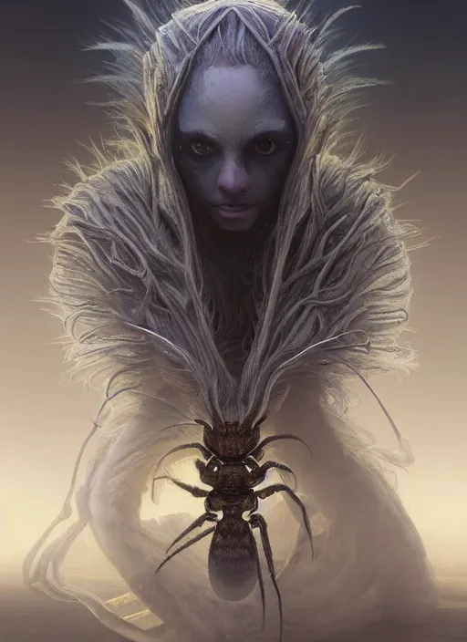 Image similar to A Tarantula, silver hair, cloak, male, fantasy, extremely detailed, digital painting, artstation, concept art, smooth, sharp focus, illustration, stunning lighting, art by artgerm and greg rutkowski and alphonse mucha and simon stalenhag, realistic character concept, low fantasy, light atmosphere, golden ratio, cinematic lighting, hyperdetailed, high resolution, insanely detailed and intricate, artstation, Marc Simonetti, Greg Rutkowski, 8k