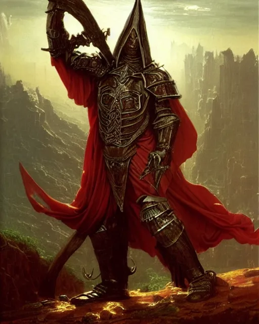 Image similar to A wizard. He has a very menacing expression. he wears robes and armour. Award winning oil painting by Thomas Cole and Wayne Barlowe. Highly detailed