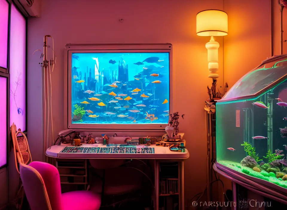 Image similar to telephoto 7 0 mm f / 2. 8 iso 2 0 0 photograph depicting the feeling of chrysalism in a cosy cluttered french sci - fi ( art nouveau ) cyberpunk apartment in a pastel dreamstate art cinema style. ( aquarium, computer screens, window ( city ), leds, lamp, desk ( ( ( armchair ) ) ) ), ambient light.