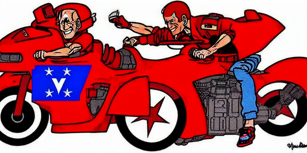 Image similar to 1 : 1 joe biden riding red akira motorcycle, in the style of akira