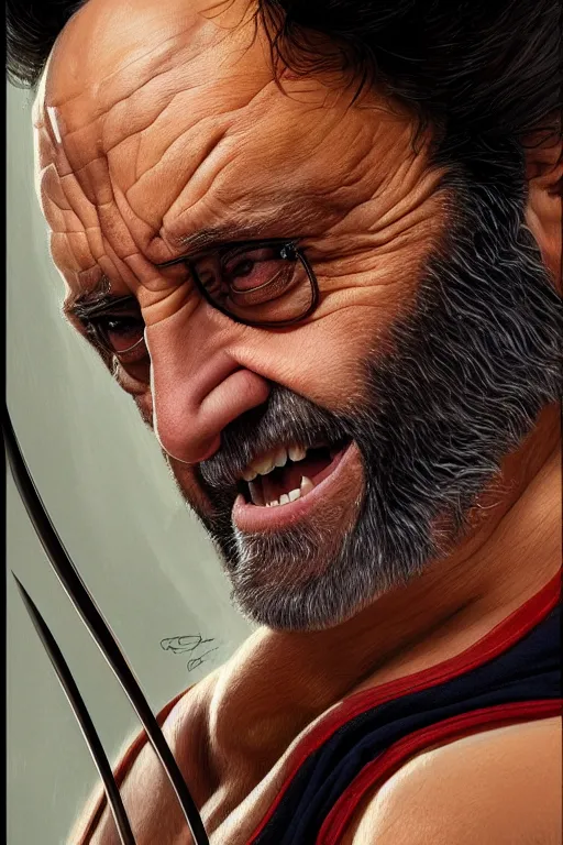 Image similar to danny devito as wolverine, realistic portrait, symmetrical, highly detailed, digital painting, artstation, concept art, smooth, sharp focus, illustration, cinematic lighting, art by artgerm and greg rutkowski and alphonse mucha