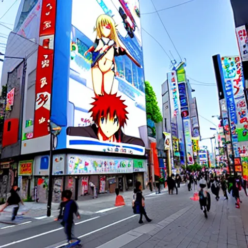 Prompt: Google map street view image of a big anime poster in akihabara