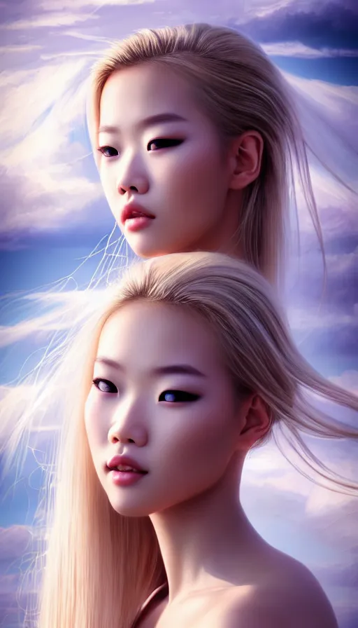 Prompt: photo of a gorgeous blonde young asian girl , searching for eternity, head in the clouds in the style of stefan kostic, realistic, sharp focus, 8k high definition, high fashion, vogue, insanely detailed, intricate, elegant, art by stanley lau and artgerm, sigma 85mm art