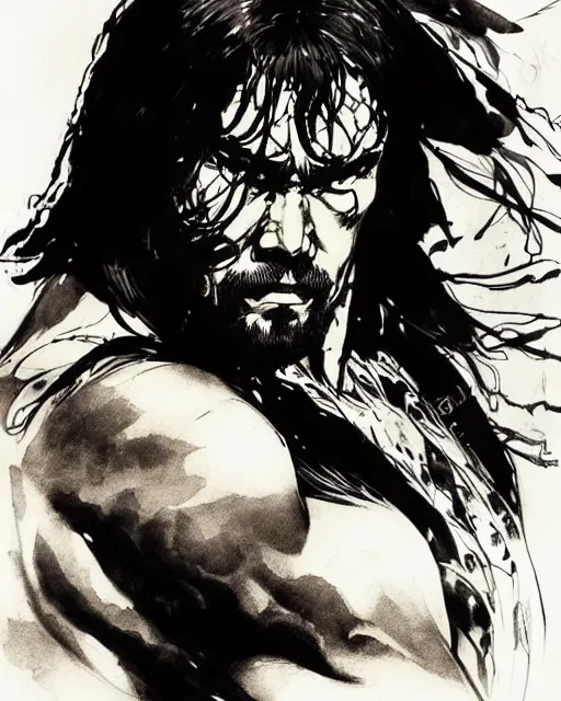 Image similar to portrait of conan the barbarian, concept art, sumi - e style, intricate linework, artstation, trending, highly detailed, smooth, focus, art by yoji shinkawa