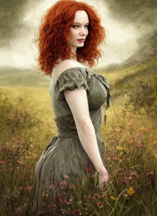 Image similar to Christina Hendricks taking a rest in a meadow after an long adventure, a ruggedly muscled handsome heroine, intricate, elegant, highly detailed, centered, digital painting, artstation, concept art, smooth, sharp focus, illustration, artgerm, donato giancola, Joseph Christian Leyendecker, WLOP, Artgerm, thunder storm