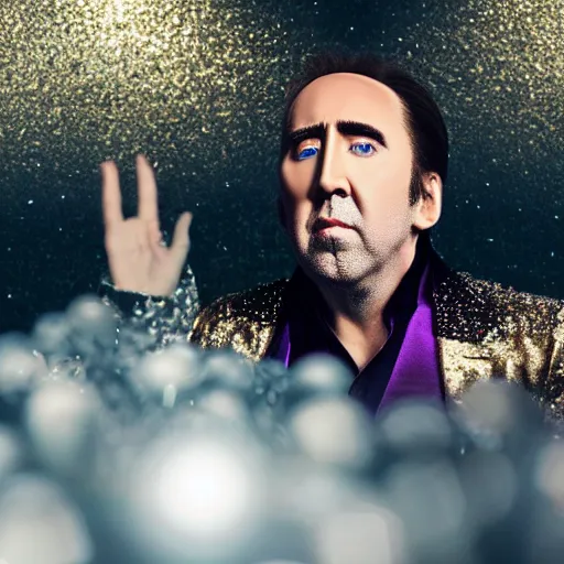 Image similar to Nicolas Cage with silver-violet hair, white eyes and golden glittery dress, wide lens, diorama, 4k,