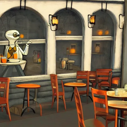 Image similar to a quiet cafe with no people in the style of Grim Fandango