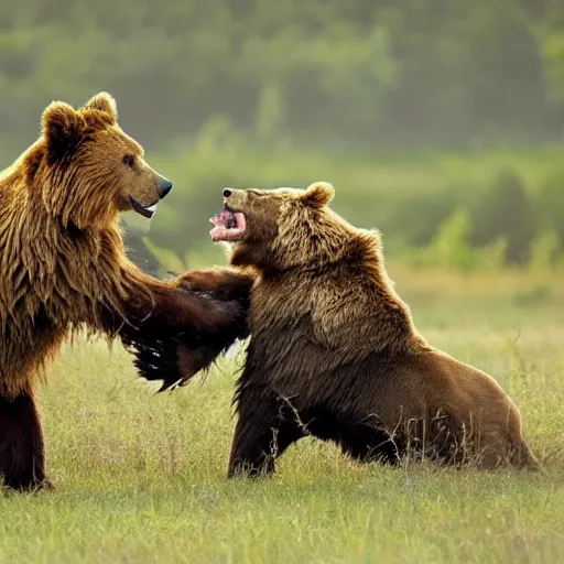 Image similar to a brown bear fighting a lion, professional nature photography, 8k, top image of all time on /r/natureismetal subreddit