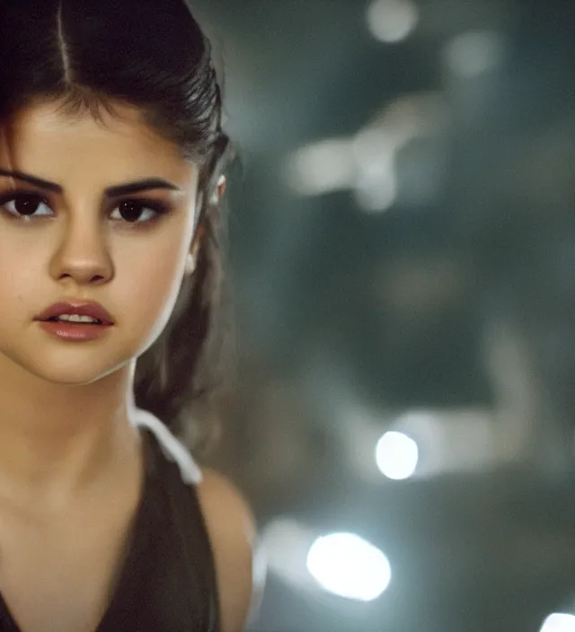 Image similar to selena gomez in star wars, movie still frame, hd, remastered, film grain, cinematic lighting