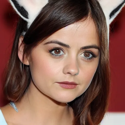 Image similar to jenna coleman with fox ears and fox facial features, furry face, close - up, headshot, detailed, symmetric