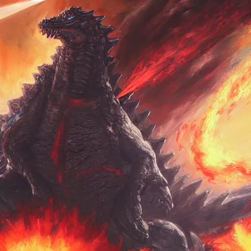 Image similar to ganondorf fighting Godzilla, oil painting, 4k, trending on artstation