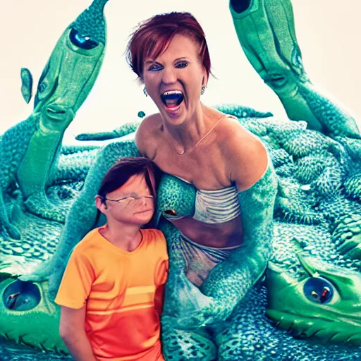 Image similar to Photostock of a soccermom happily married to a sea monster.