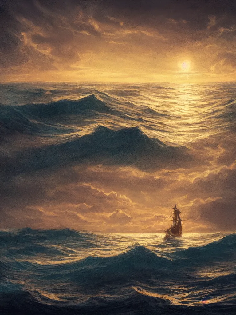 Image similar to lone ship in the ocean at night by disney concept artists, sketches, godly light, blunt borders, golden ratio