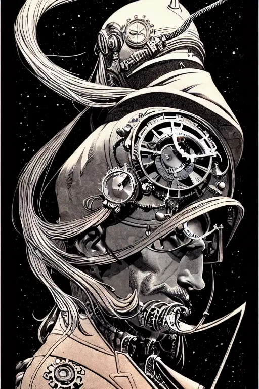 Image similar to side view of a majestic steampunk alchemist clooked male wizard holding his arm out, high details, bold line art, by vincent di fate and joe fenton, inking, etching, screen print, masterpiece, trending on artstation, sharp, high contrast, hyper - detailed,, hd, 4 k, 8 k