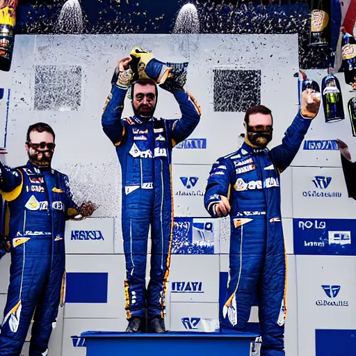 Prompt: nicholas latifi on the top step of podium, spraying champagne, fireworks, professional photograph