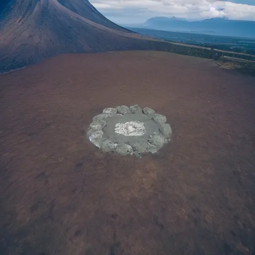 Image similar to ancient demon summoning, magic, volcanic acitvity, shot from drone