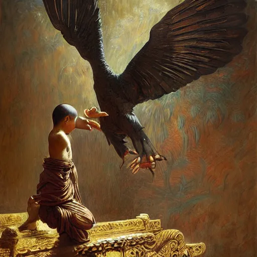 Image similar to highly detailed potrait of cunning buddhist monk kid worshipping giant crow as god praying in baroque style, painting by gaston bussiere, craig mullins, j. c. leyendecker, lights, art by ernst haeckel, john william godward, hammershøi,