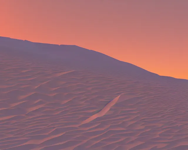 Prompt: low poly vector illustration, wide angle shot of empty beach, happy dunes, sunrise, cinematography by jim jarmusch