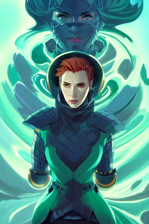 Image similar to style artgerm, joshua middleton, illustration, scarlett johansson as rune knight wearing green pelt light armor, anime eyes, blue hair, swirling water cosmos, fantasy, dnd, cinematic lighting