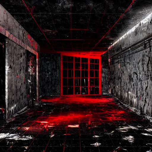 Image similar to cctv of an extremely dark empty abandoned building with glowing humanoid cryptid made out of television static, dark deep black shadows, red and black color contrast in the style of trevor henderson and james ensor goya, liminal space, 3 d octane render, glitch effect