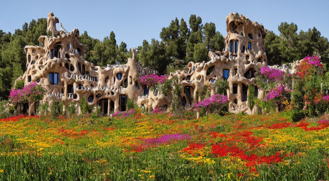 Prompt: a house designed by Antoni Gaudí, with flower fields as foreground, with mountains as background