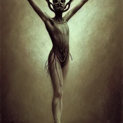 Prompt: beautiful ballerina inspired by giger, zdzislaw beksinski, cam de leon, and the art of stephen gammell