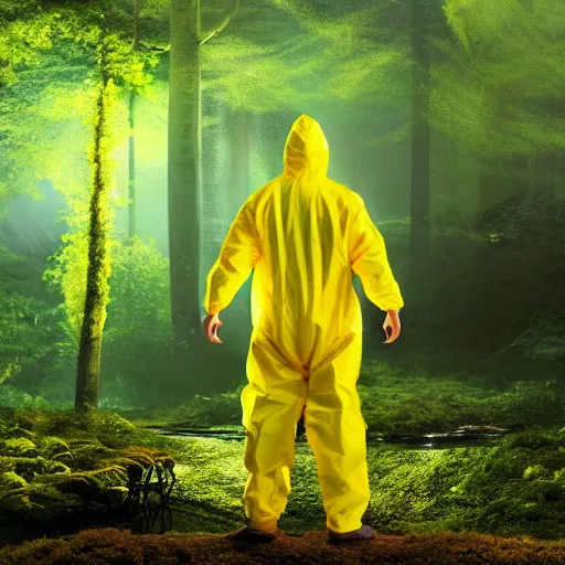 Image similar to a man in a yellow hazmat suit stands in a detailed forest and pours glowing green liquid into a magical river, photorealistic painting, concept art, rendering, octane, redshift, cinematic composition, volumetric lighting