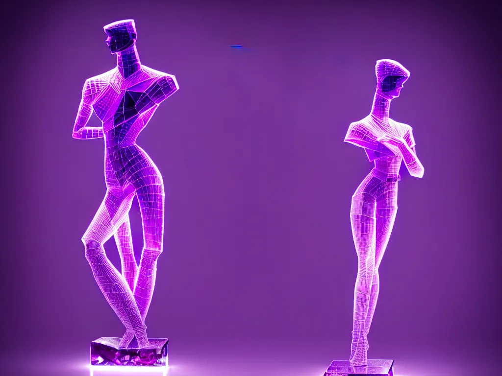 Image similar to beautiful mannequin sculpted out of amethyst by billelis + lit with purple 3 d geometric neon + chrome geometric cubed bonsai plants!!!!, doorway opening with neon pink geometric light, clean linework, dramatic, finely detailed, rule of thirds, moody, confident, award winning, 4 k, trending on artstation, photorealistic, volumetric lighting, octane render