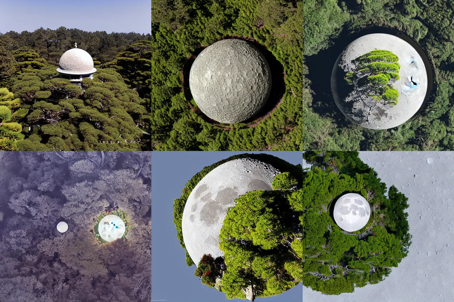 Prompt: japanese tea garden under dome on the moon, aerial photograph