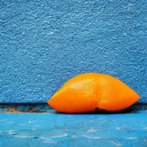 Image similar to A blue orange sliced in half laying on a blue floor in front of a blue wall