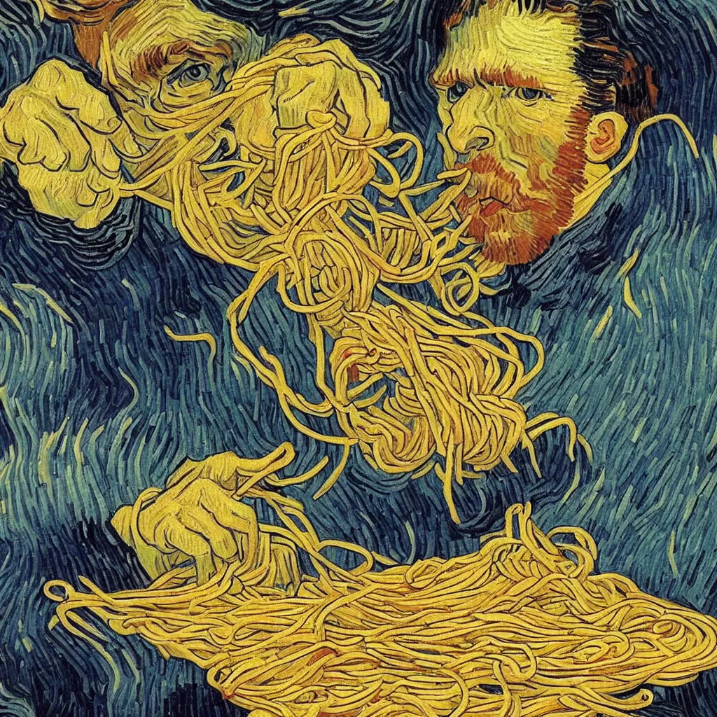 Image similar to Van Gogh eating spaghetti