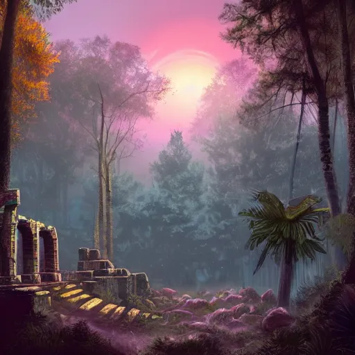 Image similar to ancient ruins in a forest,retrowave art,trending on art station