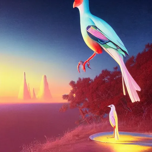 Prompt: night panoramic bird hyper realism nature photography fantasy octane render rich by syd mead, lisa frank, rhads, greg rutkowski, moebius