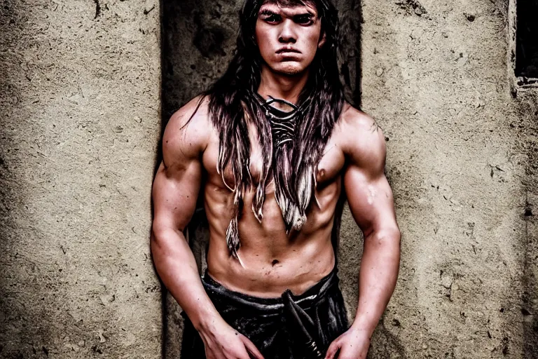 Prompt: character and environment photography, portrait shamanistic infested muscular 2 0 - year - old male barbarian, messy hair, old tattered armor, medium shot, wide angle, 2 0 0 px, full front, natural light